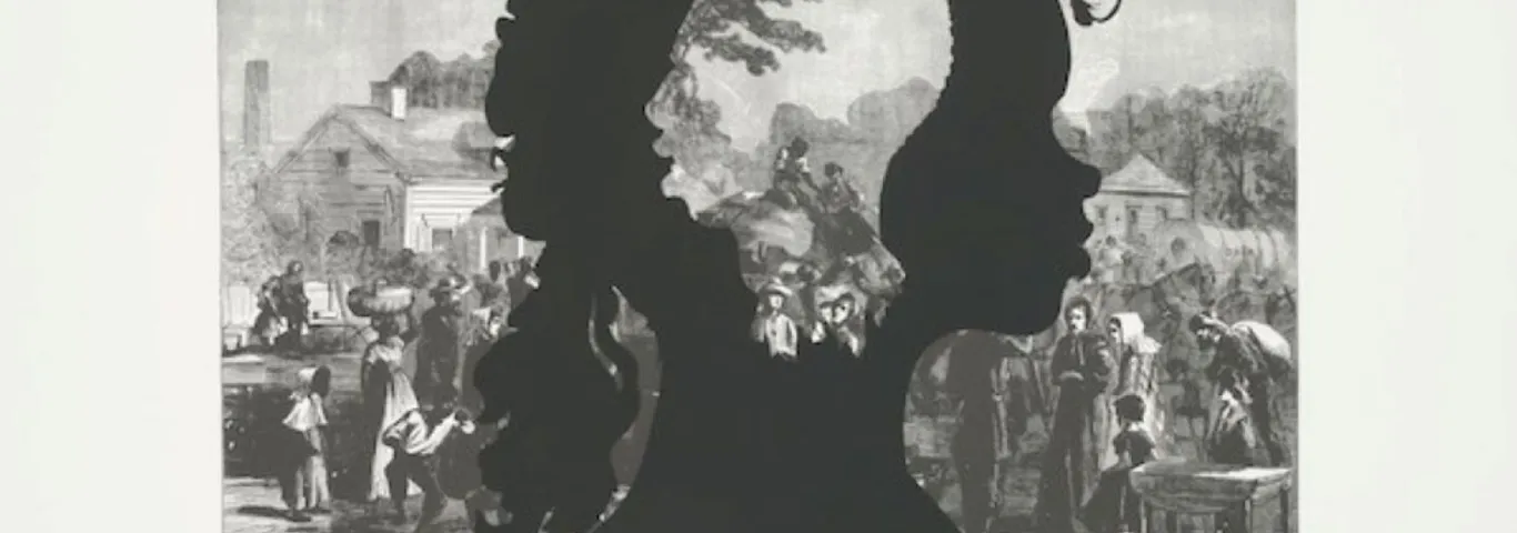 Background is a black and white painting of a farm scene, cut out profiles of a man and woman are in the foreground.